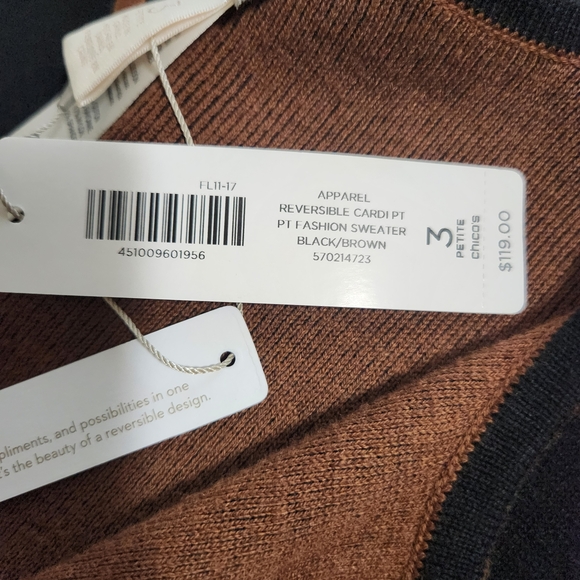 Chico's Black & Brown Open Front Longline Reversible Cardigan Size 3 Petite NWT - Picture 9 of 9